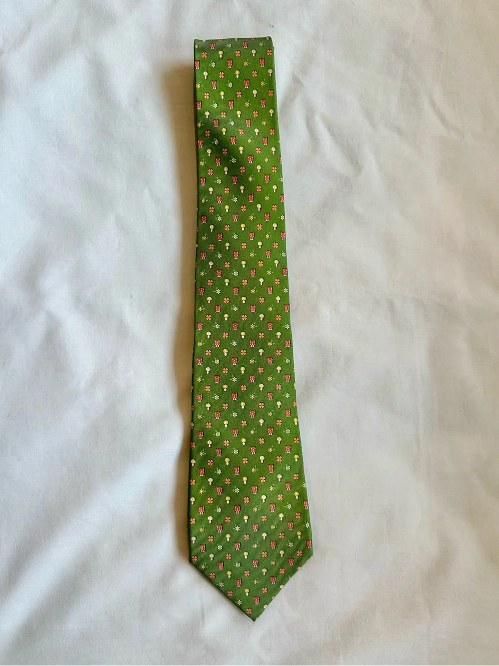 Salvatore Ferragamo Green Tie with Pink and Yellow Owl & Mushroom Micro Motif
